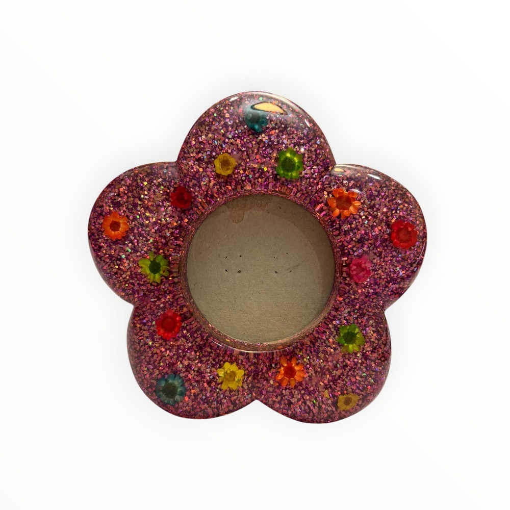 Y2K Pink Glitter Flower Picture Frame 2x2 Photo Desktop Kawaii Resin Decor